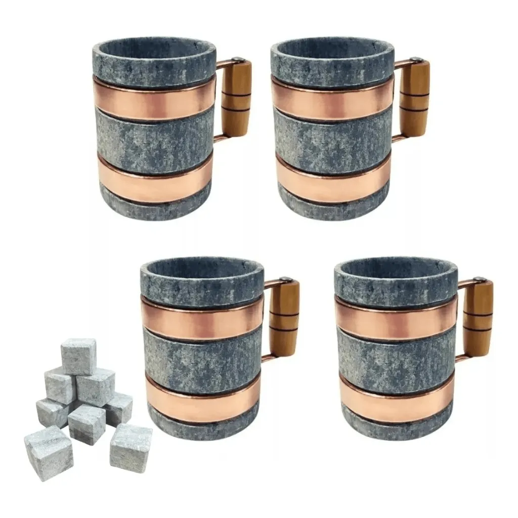 Kit 4 Caneca De Pedra Sabão Com Cobre E Madeira 350ml - Imagem 1